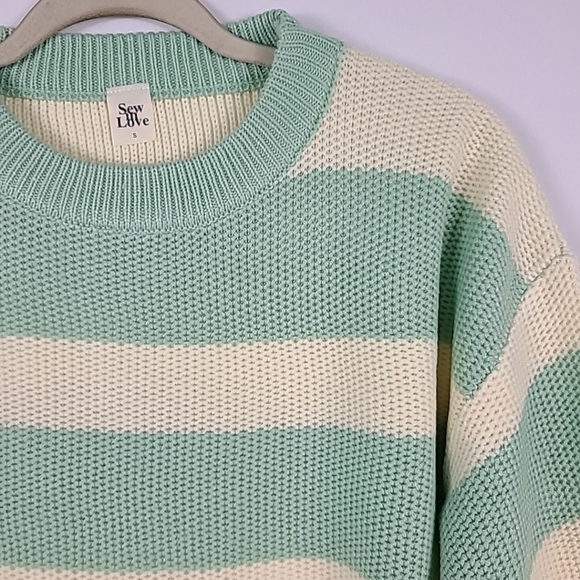 NEW Sew In Love Lucky Strike Sage Green Ivory Striped Round Neck Sweater Sz S - Picture 2 of 5